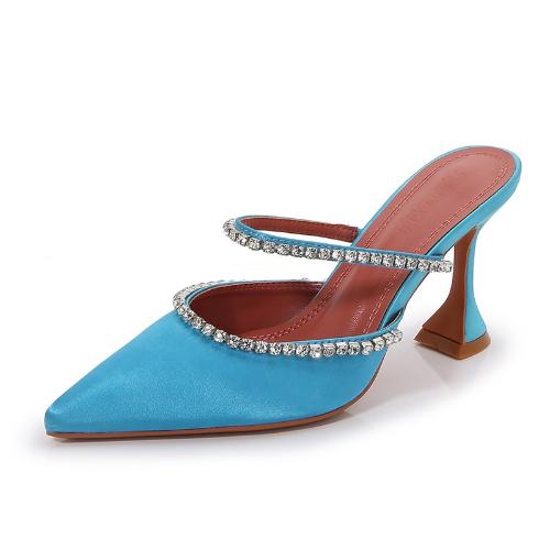 New Pointed Toe High Heels Slingback Sandals with Crystal Rhinestones Wine Glass Heel Satin Women Shoes