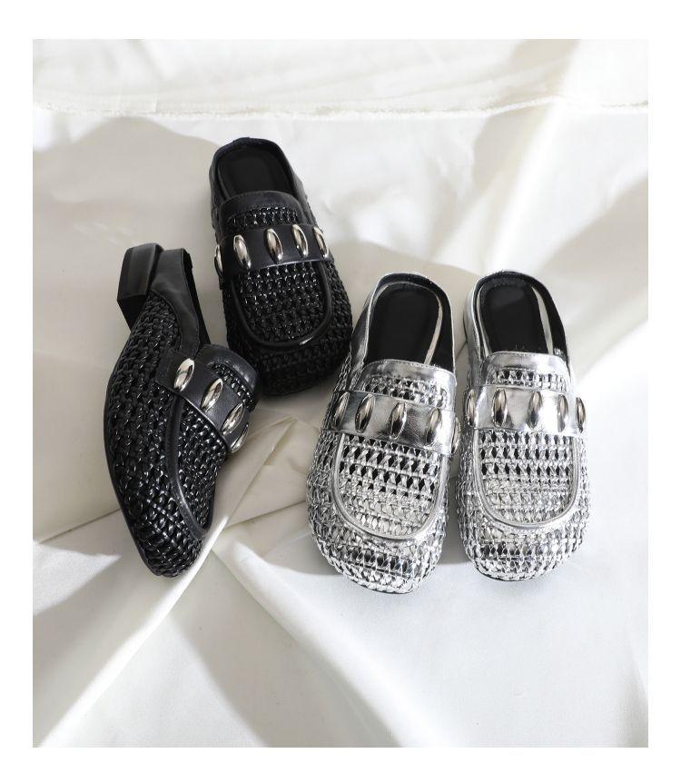 2025 summer new fashionable retro half drag woven metal buckle bag head drag comfortable casual breathable thick heel sandals