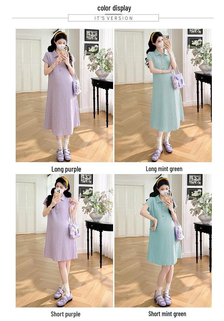 Real Shot 2026 Summer Ice Cool Short Sleeve Lapel Slimming Maternity Dress