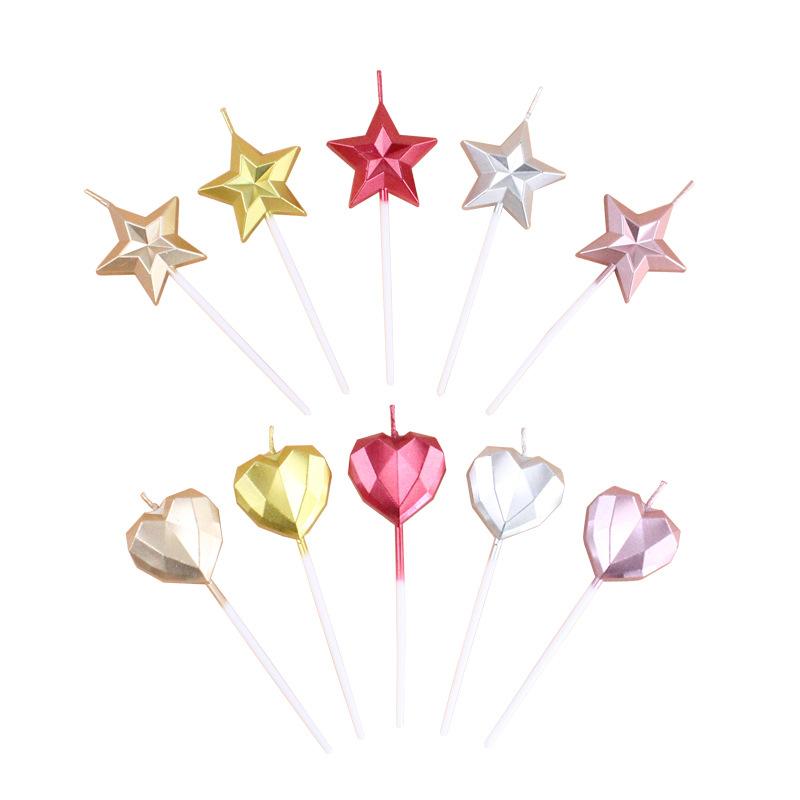 

Diamond Heart Candle Creative Romantic Party Birthday Cake Candle Golden Love Heart Shaped Five-pointed Star Candle diamond star 5-color average mixed package