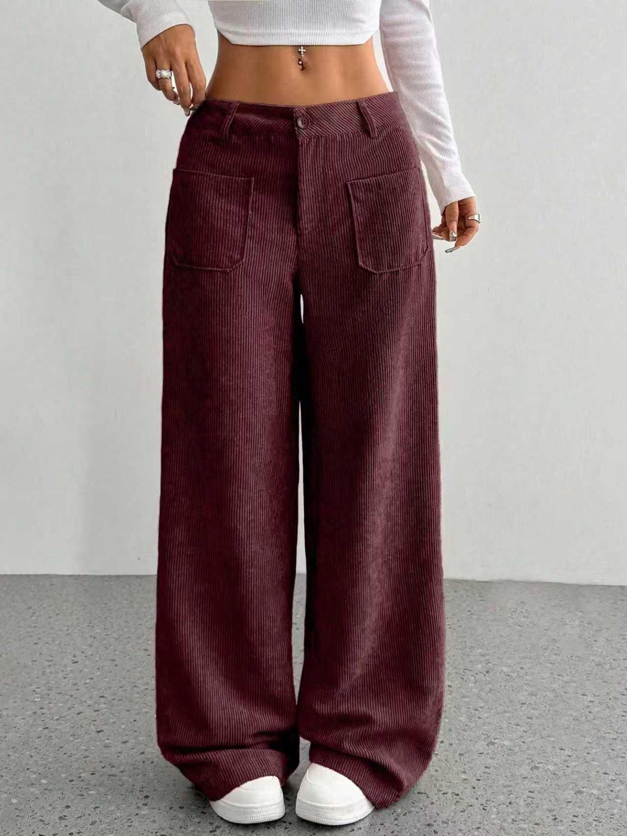 

2026 European-American Plus Size Women s Autumn/Winter Corduroy High-Waist Multi-Pocket Wide-Leg Pants. XL темно-червоний колір
