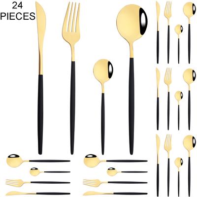 24Pcs Black Gold Dinnerware Cutlery Set Western Stainless Steel Tableware Knife Fork Coffee Spoon Flatware Party Kitchen Silverware