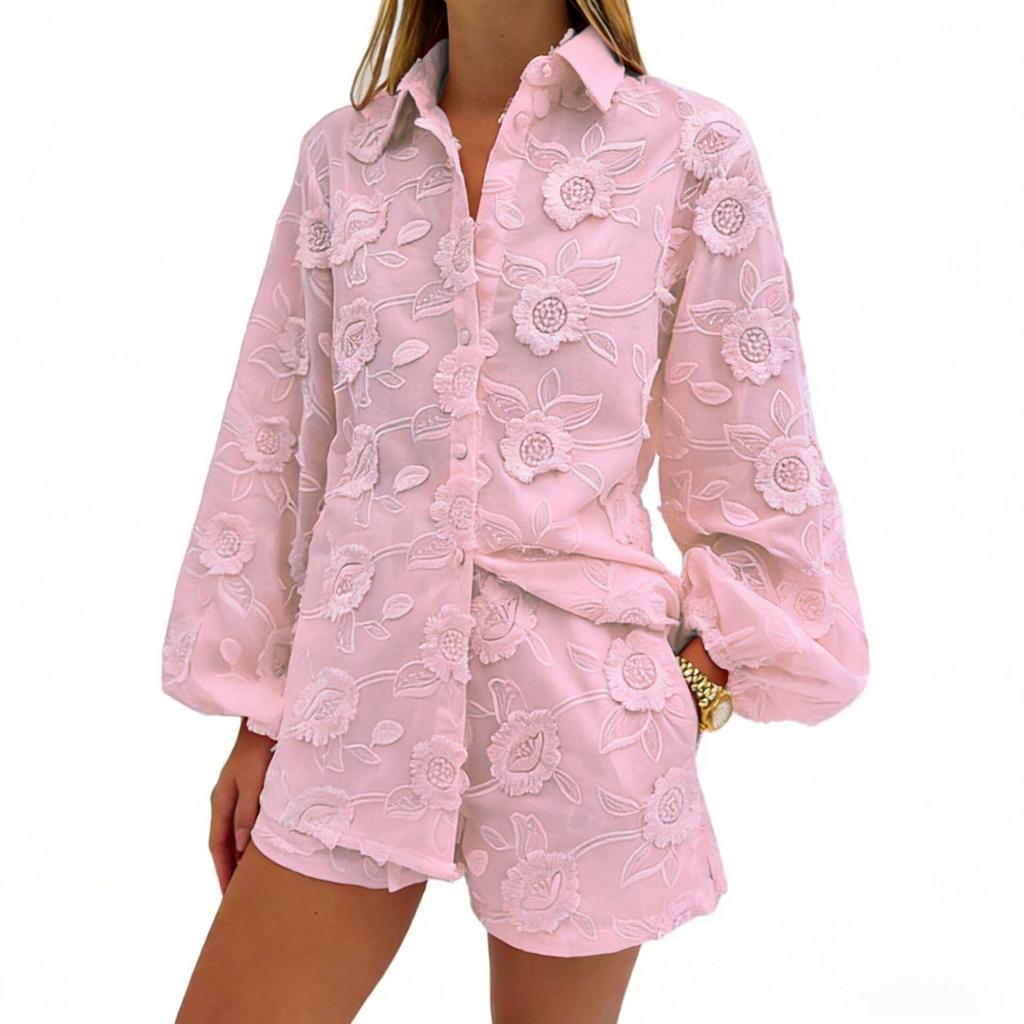 European & American Sexy Cotton Embroidered Set: Spring/Autumn See-Through Shirt & High-Waisted Shorts 2025