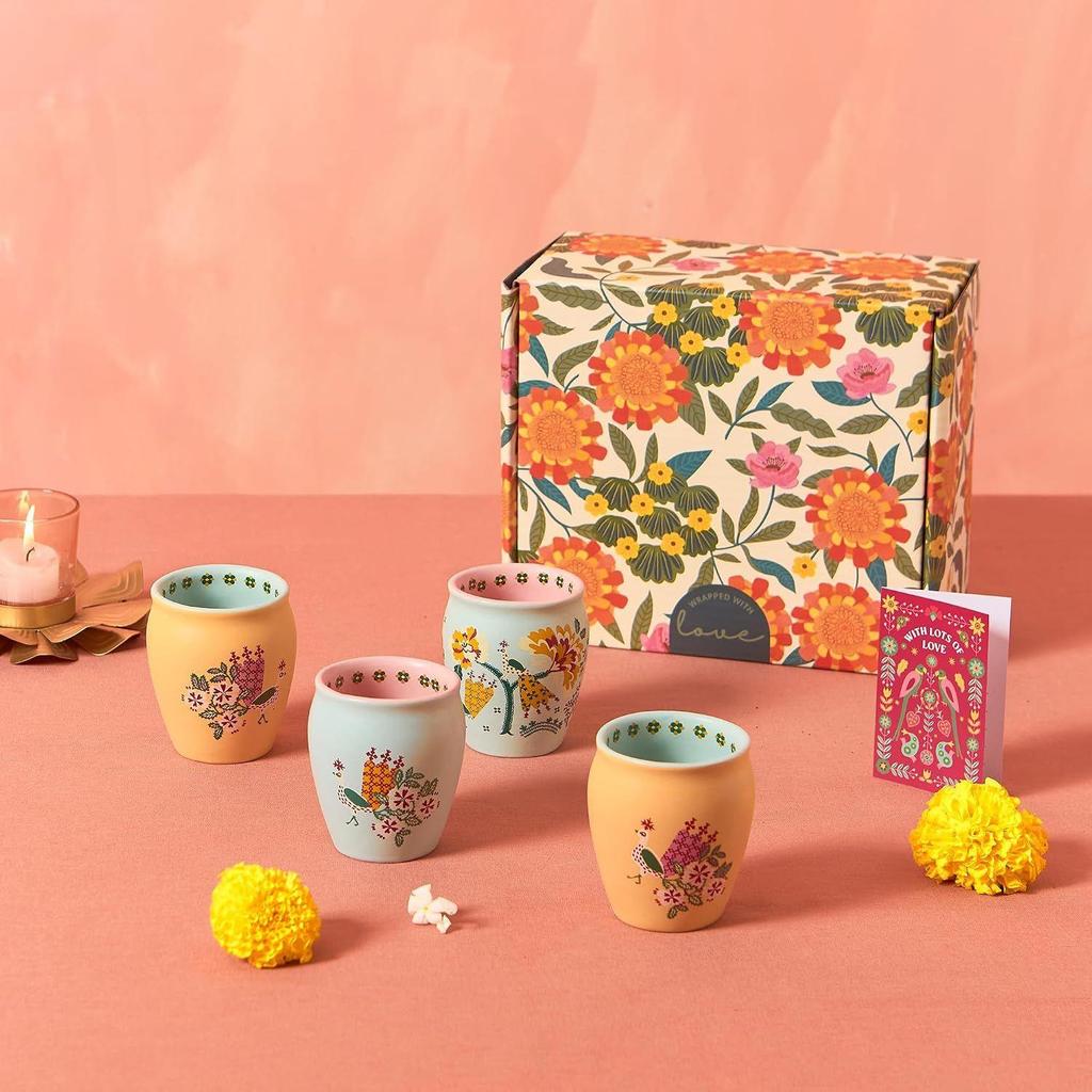 Gardens Kulhad Gift Box – Set of 4 Tea & Coffee Cups, Handcrafted Stoneware, Indian Mug Set for Hot Beverages