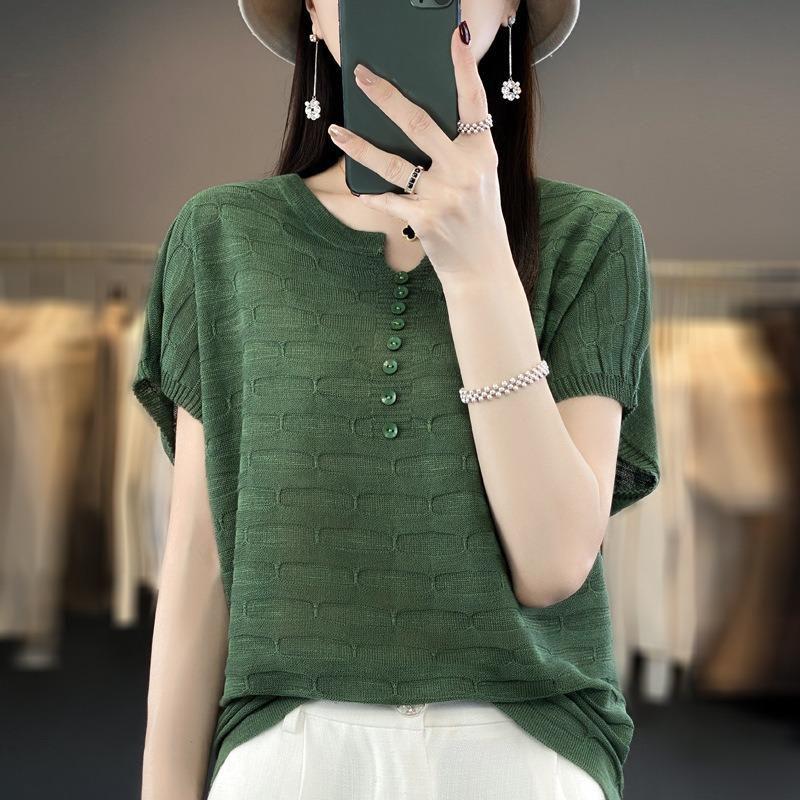 Summer Women's T-shirt Loose Casual Short Sleeve Solid Color Loose Ice Silk Knit Top