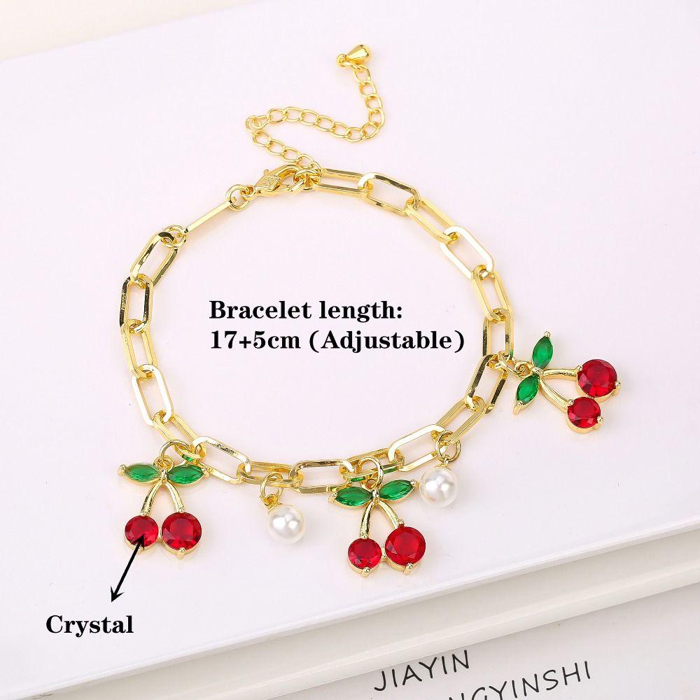 Fruit Cherry Charm Bracelet Gold Plated Metal Bracelet New Design Cherry Pearl Bracelet  Party