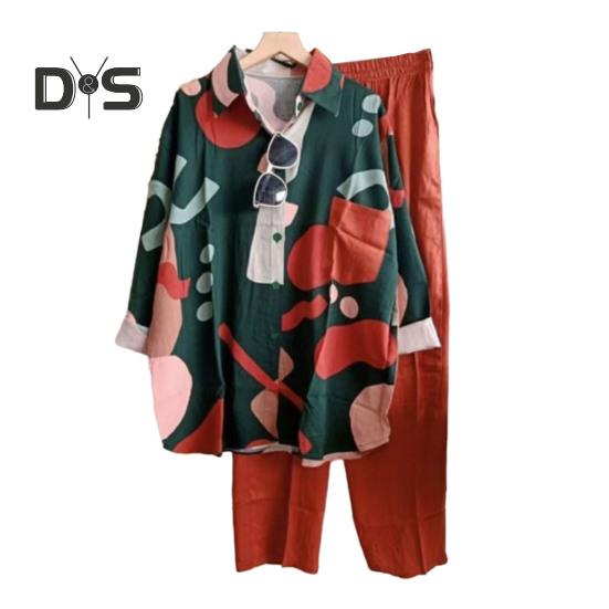 2 ks/sada Košile Kalhoty Sada Colorblock Jednořadá klopa Dlouhý rukáv Volný Pružný pas Široká noha Měkké Ležérní Dámská halenka Sada kalhot