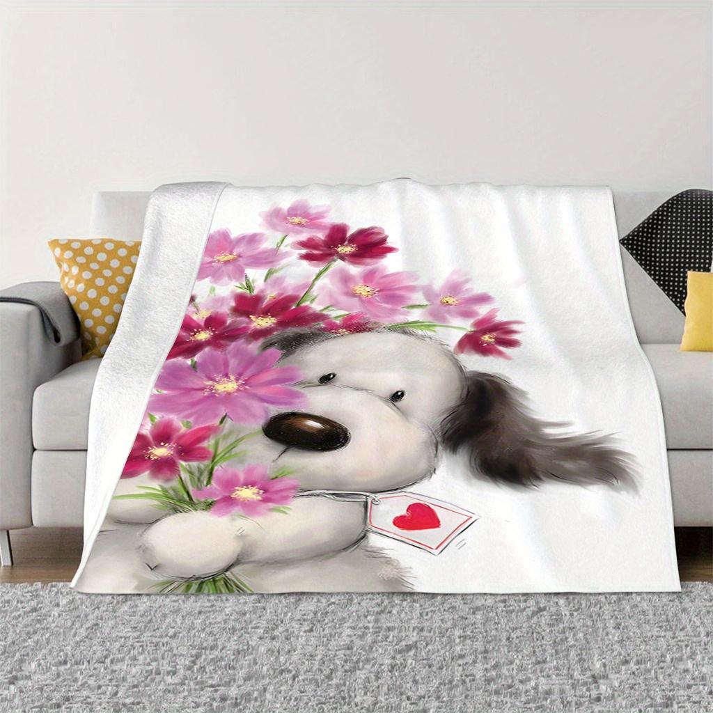 Interesting puppy flower pattern Flannel printed blanket suitable for all seasons suitable for living room office sofa travel