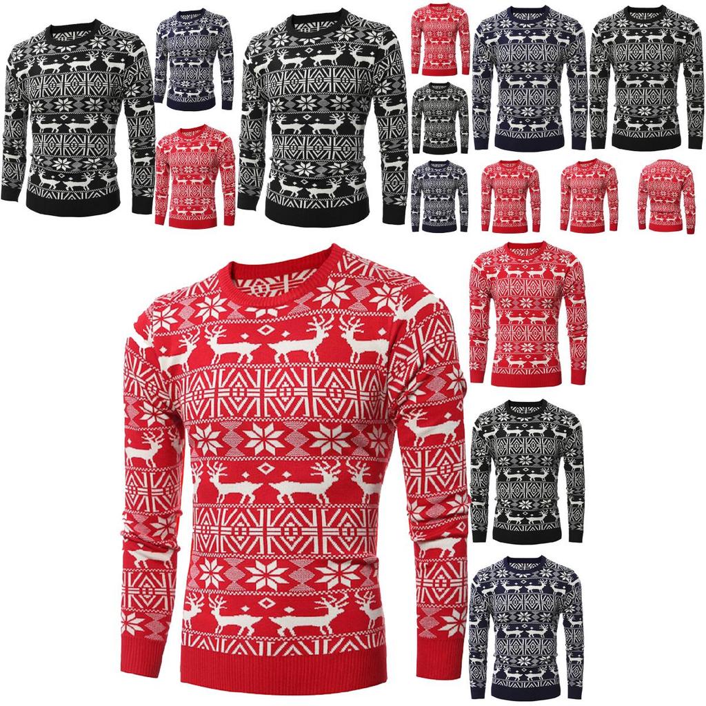 Klassischer Slim Fit Herren Weihnachts-Pullover mit O-Ausschnitt und Schneeflocken-Design