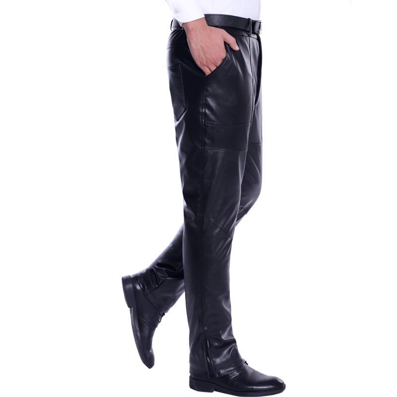 Men's Double-Layer PU Leather Motorcycle Pants with Knee Pads and Waist Support, Fleece-Lined for Warmth