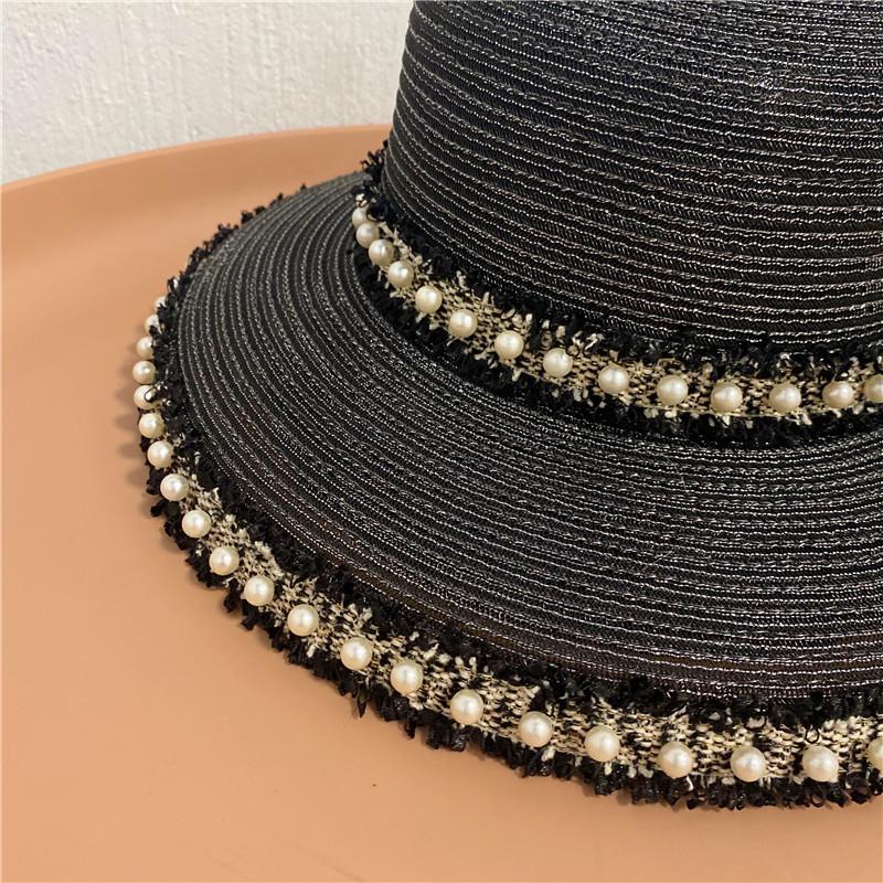 Bonnet Black Lace Lampshade Straw Hat Fashion Tassel Pearl Big Rim Fisherman Hatstandard Mesh Big Eave Straw Hat Tide