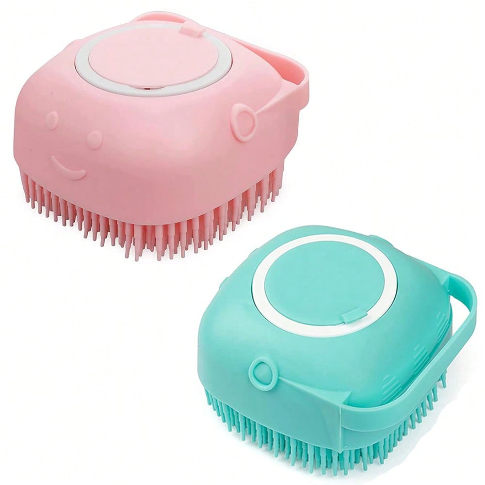 1PC Pet Bath Brush, Silicone Massage Rubber Grooming Tool with Shampoo Storage for Dogs & Cats, Gentle Bristles for Pet Bathing