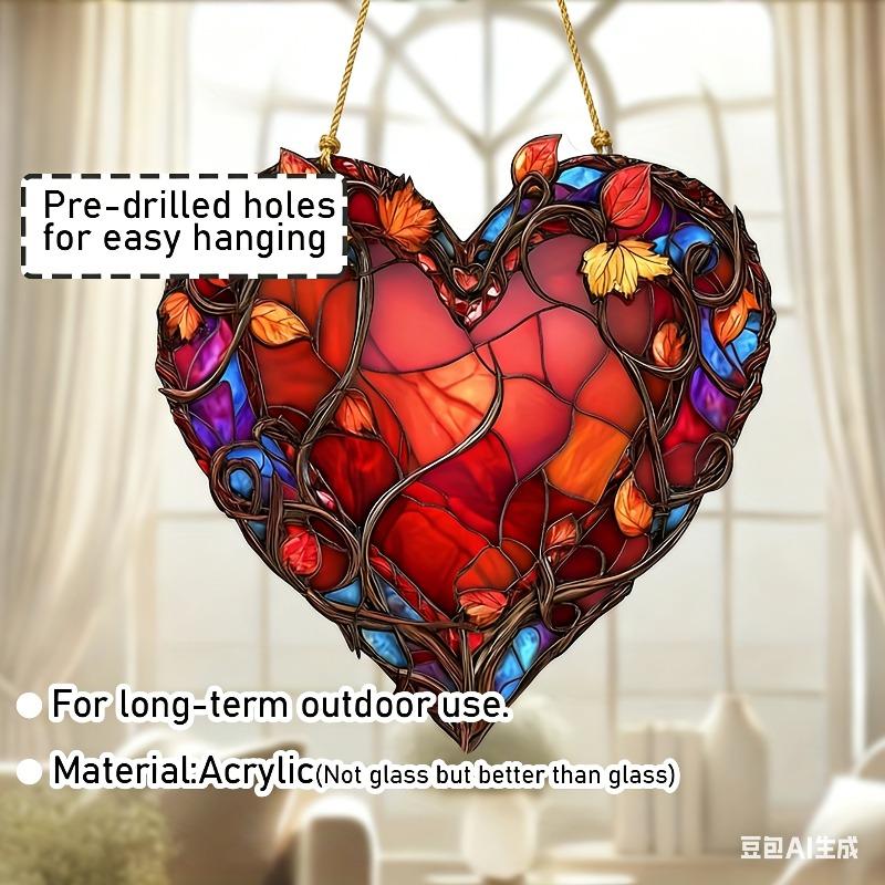 2D Flat Vibrant Acrylic Red Heart Decoration Sign, Stained Glass Style Design, Suitable for wall decoration, porch, room, villa, accents Home, Hallway