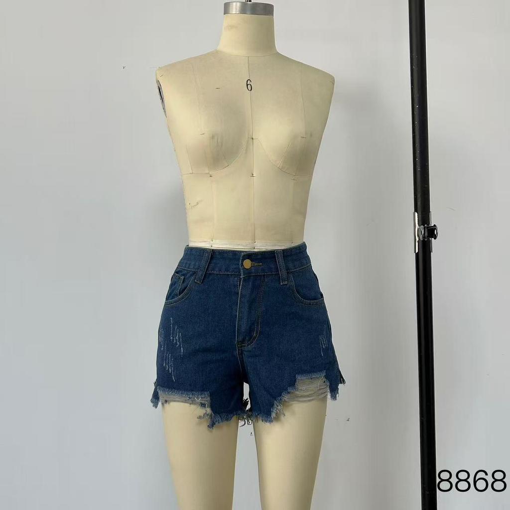 High-Waisted Ripped Fringed Denim Shorts for Women