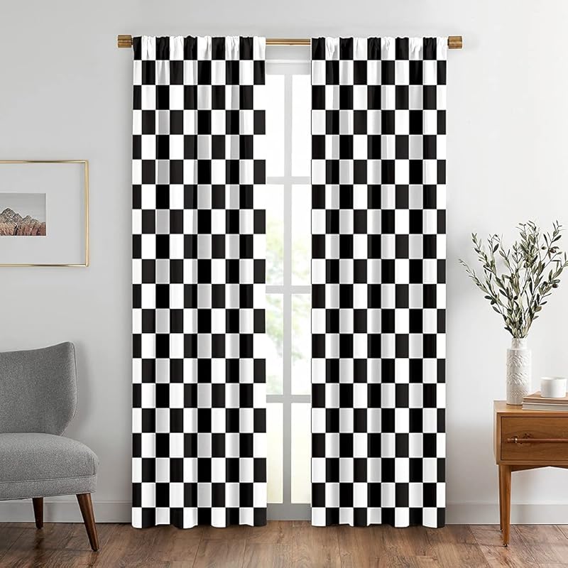 Black and White Window Drapes Curtain Checkered Flag Racing Race Car Line Rod Pocket Drapes Curtain for Living Room Home Decor 21x63 Inches 2 Panels