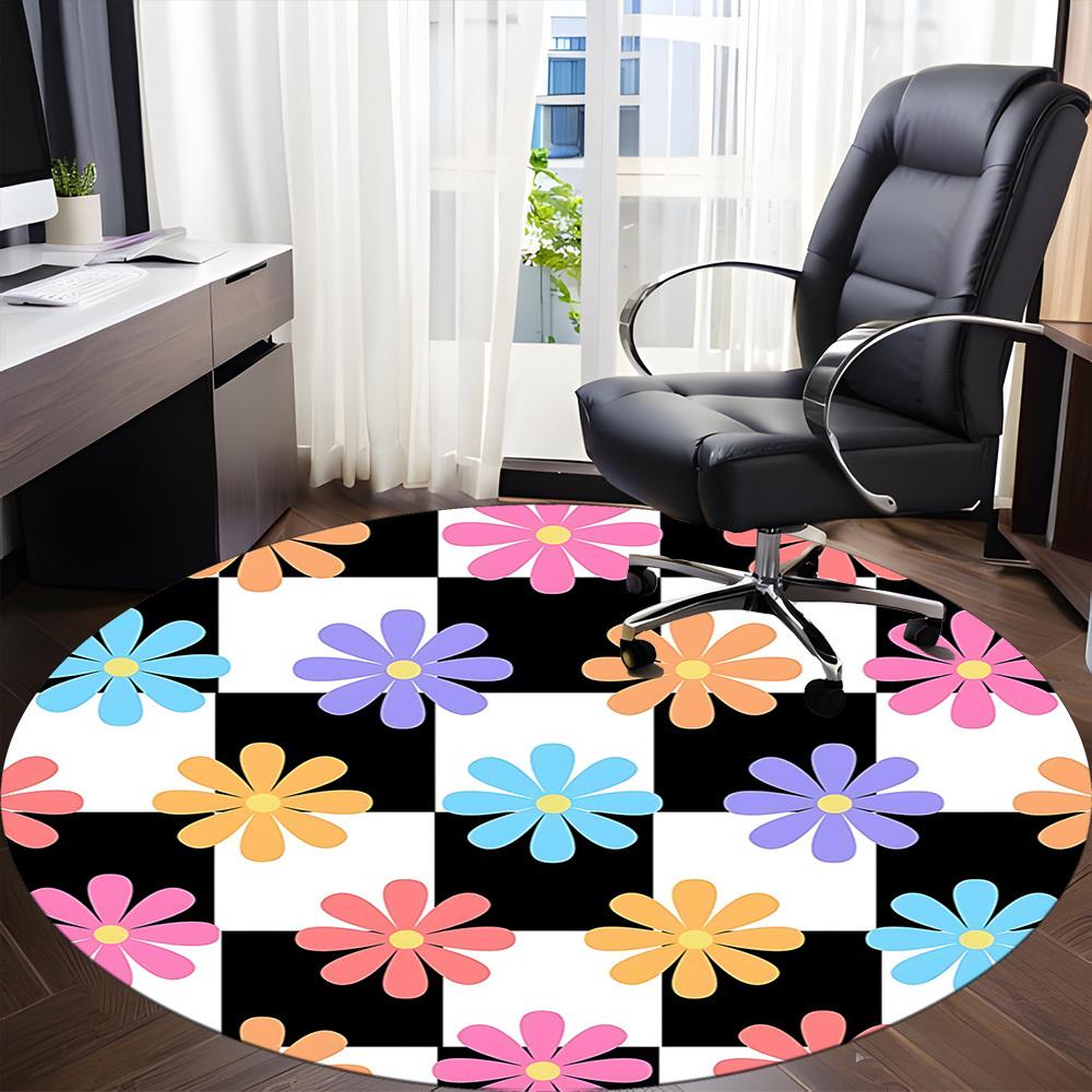 1pc Floral Checkered Office Round Area Rug, Mat Suitable For Office, Under Office Chairs Bedroom Living Room Home Decor, Room Deco