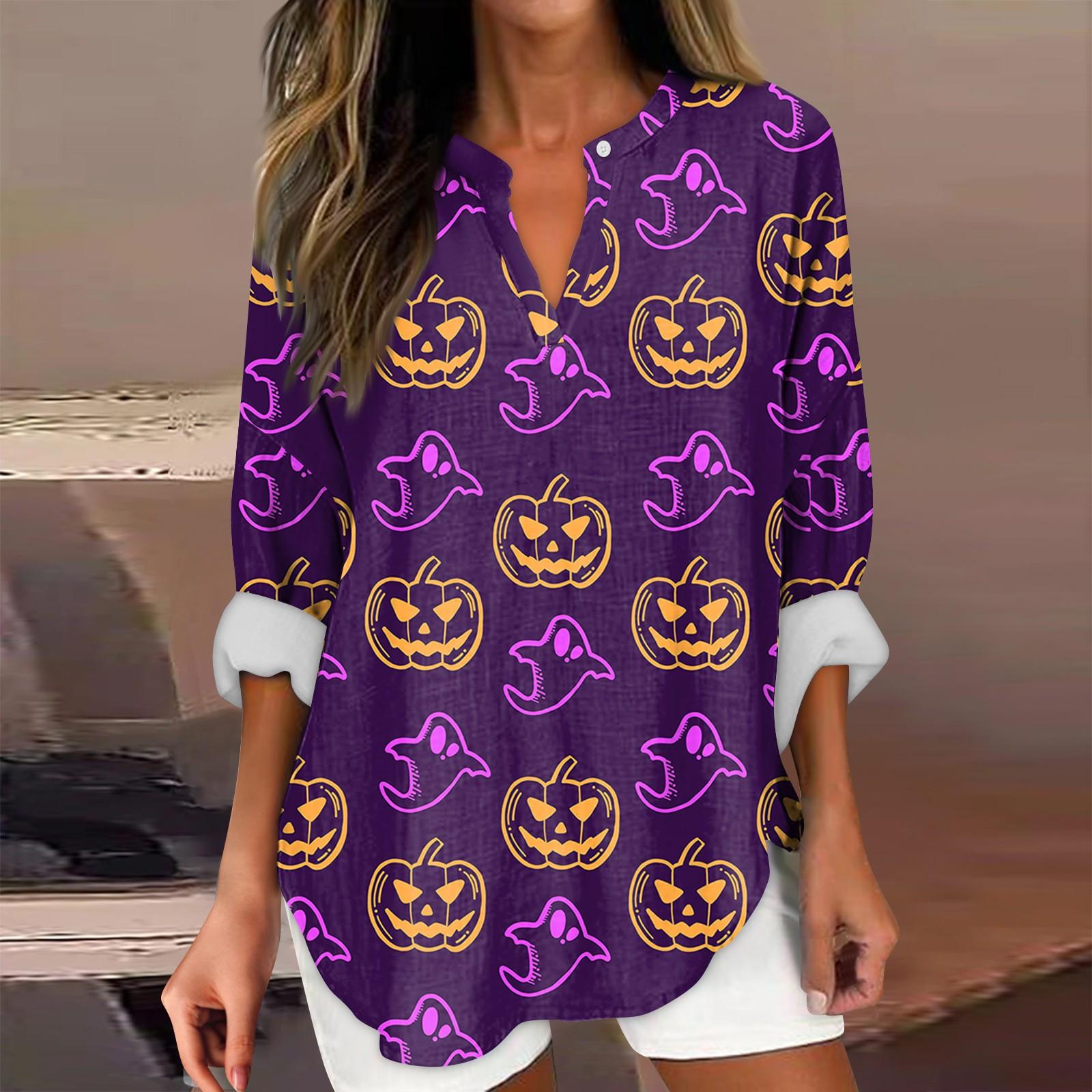 

Женские модные повседневные женские топы с v-образным вырезом и длинным рукавом с принтом на Хэллоуин XL жёлтый