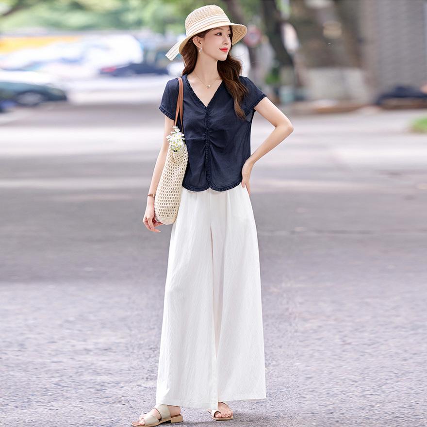 

Комплект из двух предметов: рубашка с V-образным вырезом и широкие брюки. Женский летний новый тонкий модный повседневный костюм. XXL