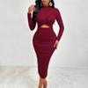 European and American Burgundy Dress Women's Spring and Summer Long-sleeved Knitted Cross Neckline Pleated Hollow Design Long Dress