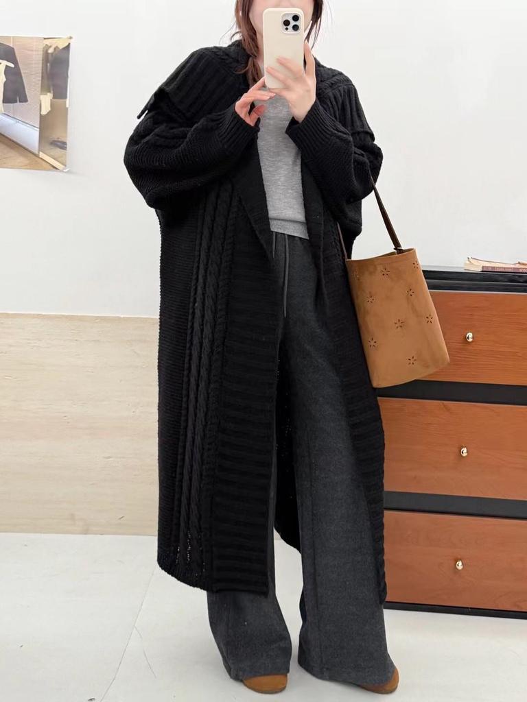 Coffee-Colored Cable Knit Cardigan with Large Lapel - Women's Mid-Length, Loose Fit for Autumn/Winter