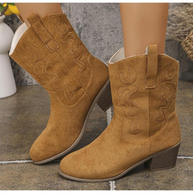 

Fashion Autumn-Winter New Women s Square Heel Round Toe Fashion Boots V-Neck Mid-Calf Below-Knee Boots 36