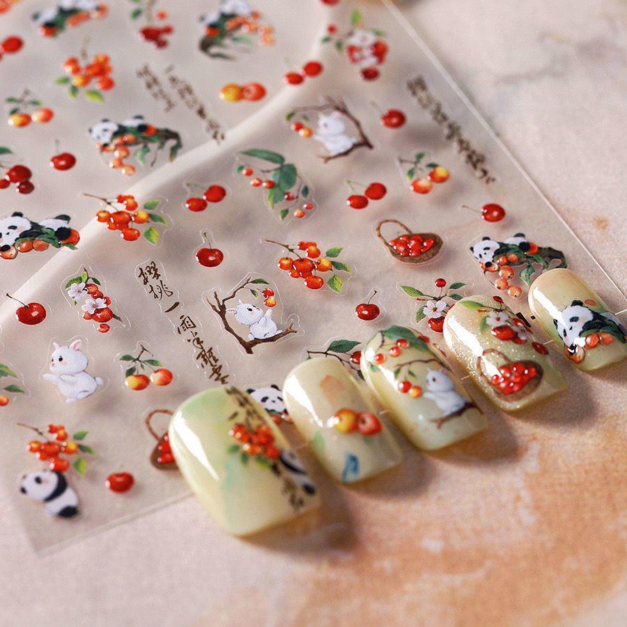 Popular 3D Panda Cherry Embossed Nail Stickers for DIY Nail Art and Crafts