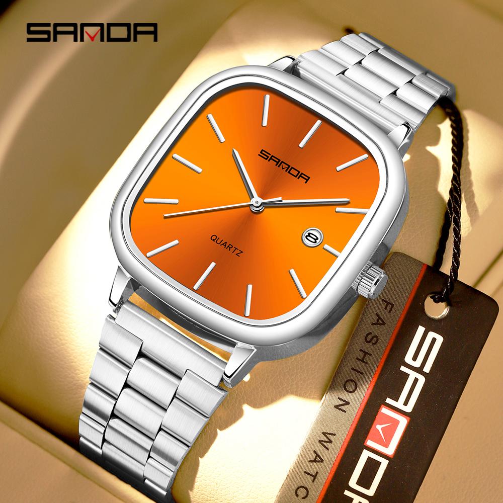 SANDA 3277 Fashion Couple Quartz Watch Waterproof Luminous Calendar Stainless Steel Square Business Luxury Men's Watch