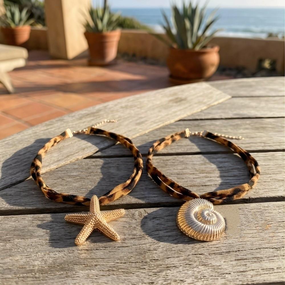 Exaggerated Starfish Pendant Necklace Charm Leopard Cloth Strip Necklace Leopard Choker Summer