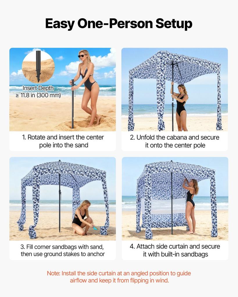 Beach Cabana, 1.83 x 1.83 m Beach Canopy with Side Wall, UPF 50+ Protection Easy Setup Cabana Tent with Sand Pockets, Large Outdoor Portable Shade,
