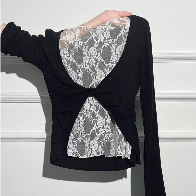 Korean Style Lace Patchwork Pleated Slim Fit Long Sleeve Top for Early Autumn 2025