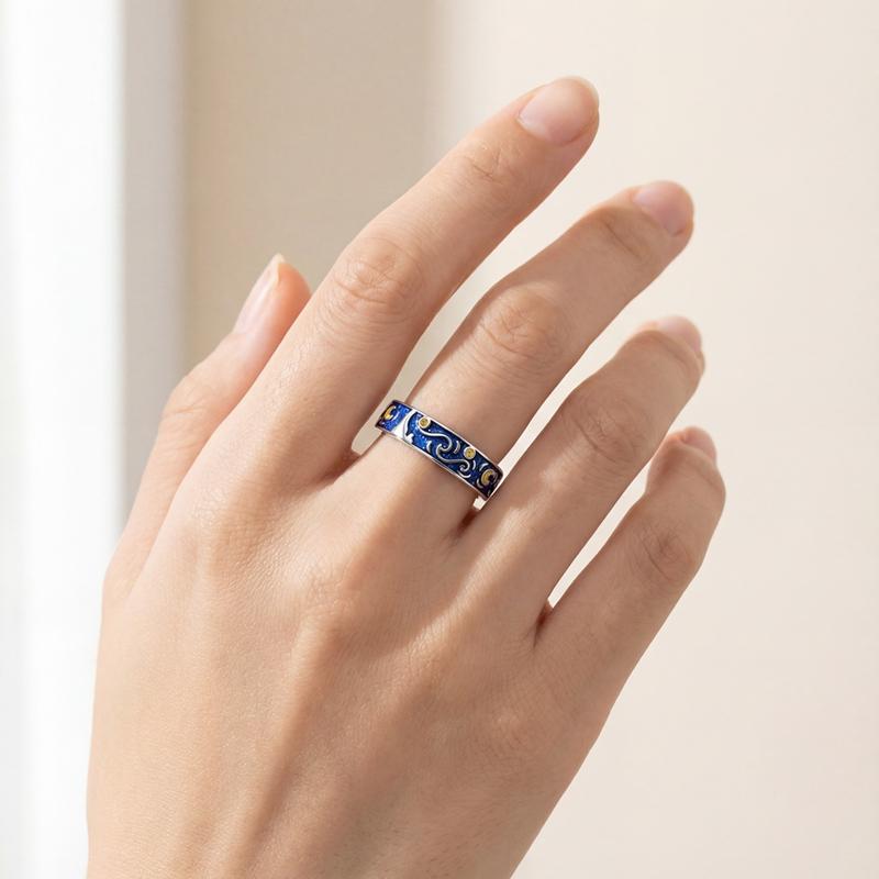 Original 925er Sterlingsilber Blauer Sternenhimmel Malerei Leuchtender Ring Für Damen Herren Schmuck Geschenk