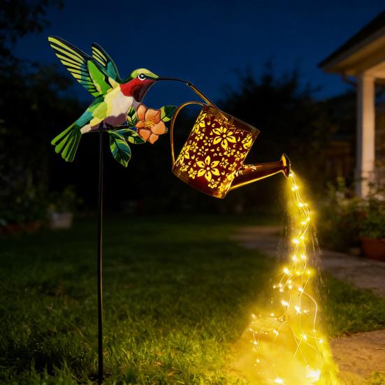 Solar Watering Can Garden Light Metal Hollow-Out Hummingbird Decorative Light Outdoor Spike Lamp for Lawn Pathway