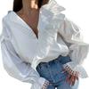 1116 Spring Women's Clothing European and American Shirt Sexy Deep V-Neck Fungus Edge Long Sleeve Temperament Fashion Splicing Lace Shirt