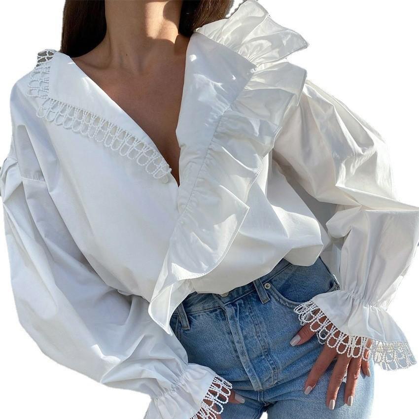 1116 Spring Women's Clothing European and American Shirt Sexy Deep V-Neck Fungus Edge Long Sleeve Temperament Fashion Splicing Lace Shirt