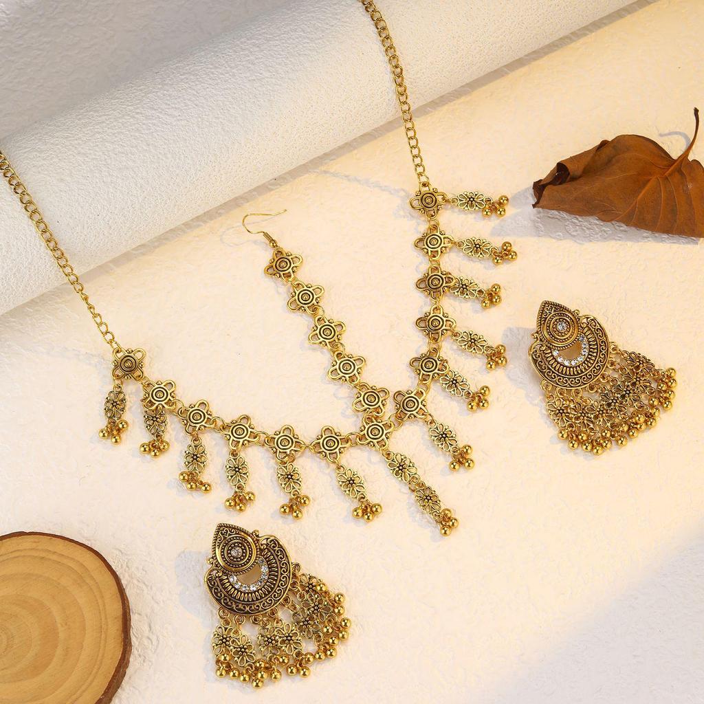 Bohemian Exotic Rhinestone Tassel Necklace & Earrings Set In Antiqued Alloy