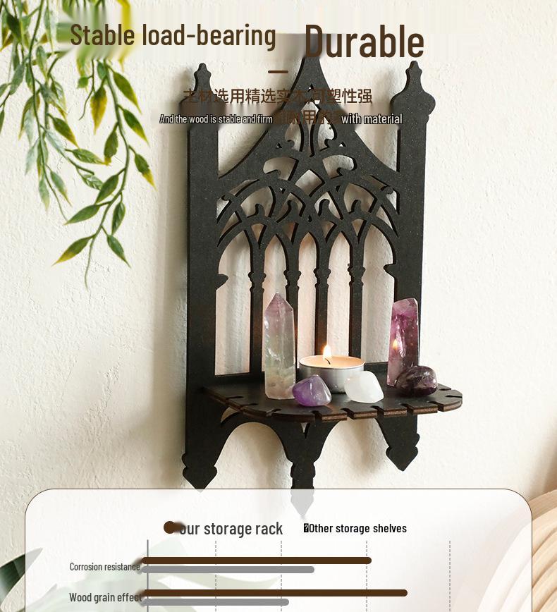 Bohemian Gothic Black Wooden Wall-Mounted Shelf for Bedroom Decor