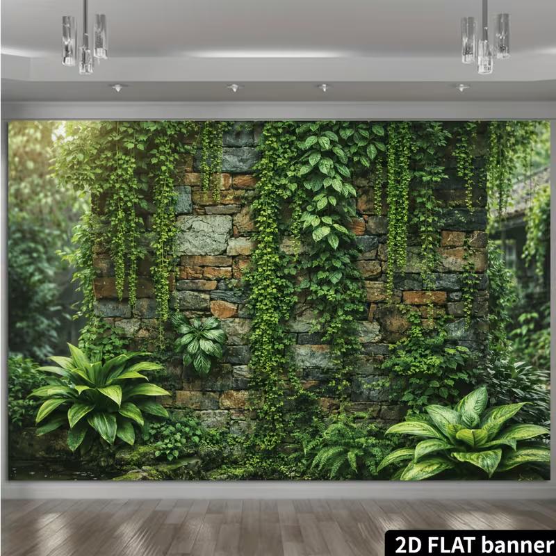 2D Vintage Garden Banner with Hanging Vines and Ferns Photo Booth Background Cloth