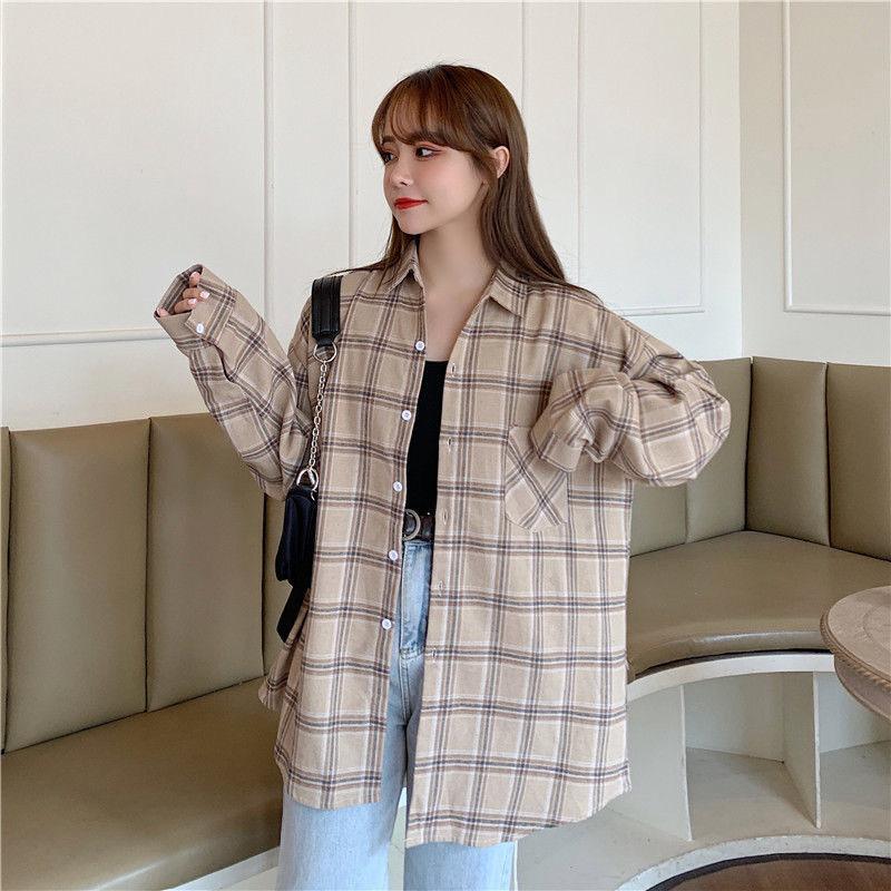 Höst och Vinter Vintage Dam Rutiga Skjortor Långärmad Oversize Knäppta Blusar Kvinnlig Streetwear Lösa Casual Skjortor Damkappa