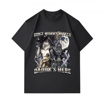 T-shirt Manches Courtes Col Rond 100% Coton, T-shirt Graphique Décontracté Drôle Loup Alpha Ne T'inquiète Pas Petit Chat Papa est Là, Impression Unique Originale Loup-Garou