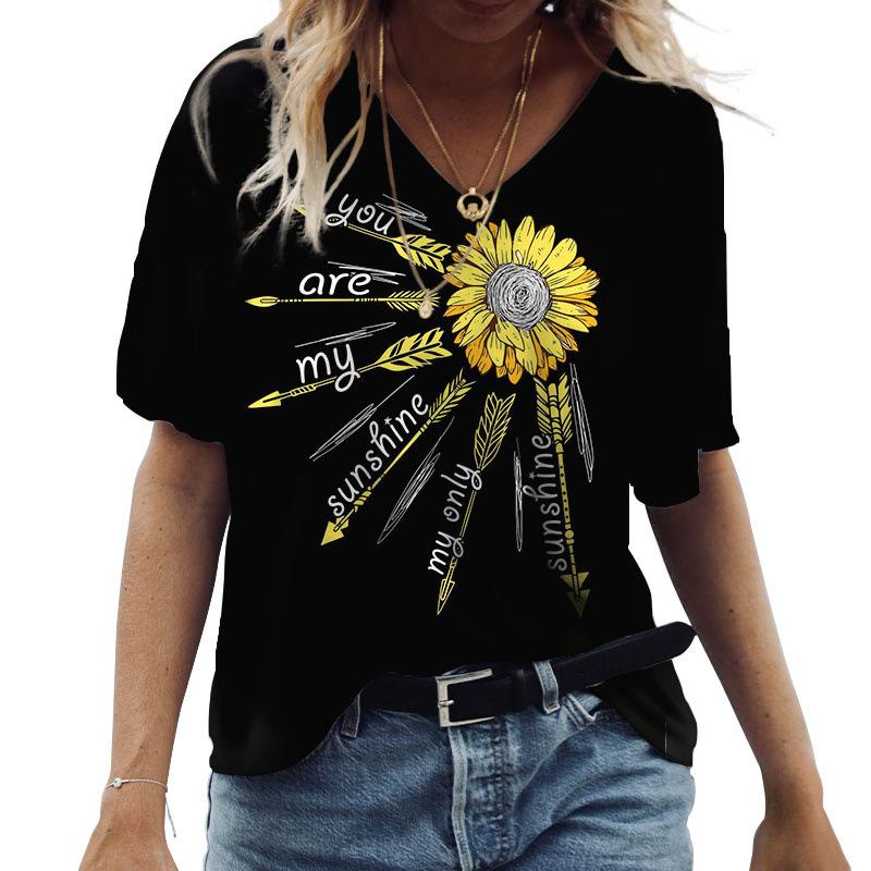 Verão Manga Curta Decote V Nova Blusa Camiseta Casual Feminina Girassol Estampa 3D
