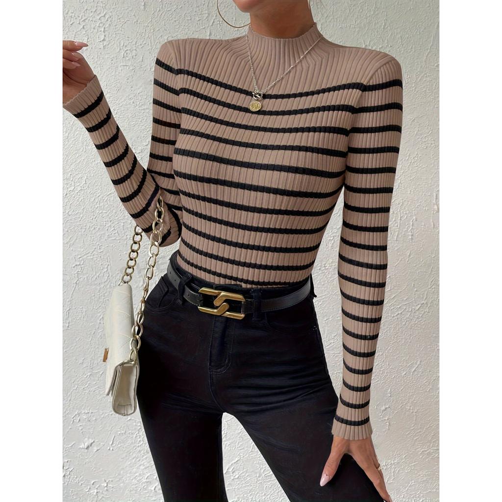 Gestreiftes Muster Mock Neck Slim Pullover, Stilvoller Langarm Rippstrick Pullover für Herbst & Winter, Damenbekleidung