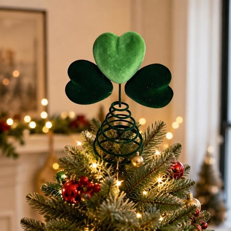 Green Heart Christmas Tree Top Ornament with Soft Textured Finish, Three Decorative Hearts and Tapered Coil Base for Tree-Top and Holiday Displays