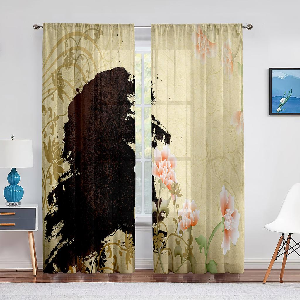Birds On Branch Cherry Blossom Ink Painting Tulle Voile Curtains for Bedroom Window Curtain for Living Room Sheer Curtain Drapes