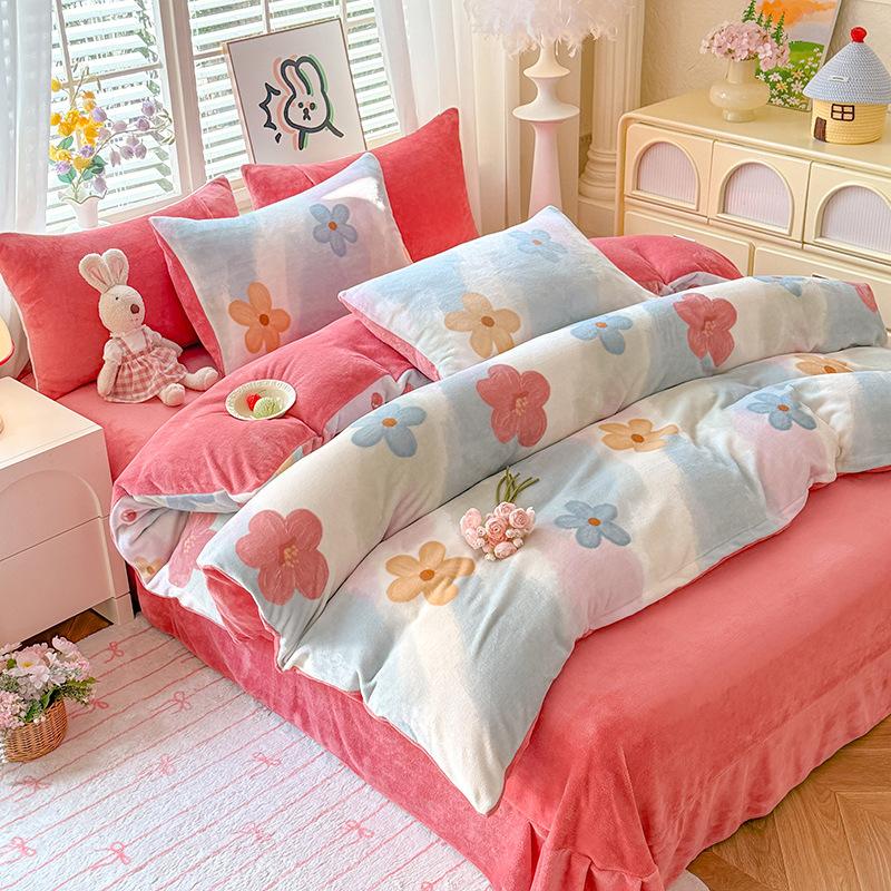 

Fall/Winter New Printed Small Fresh Style Milk Fleece Bed Sheet Four-Piece Set Set Student Dormitory Three-Piece Set 1.2m sheet 3pcs
