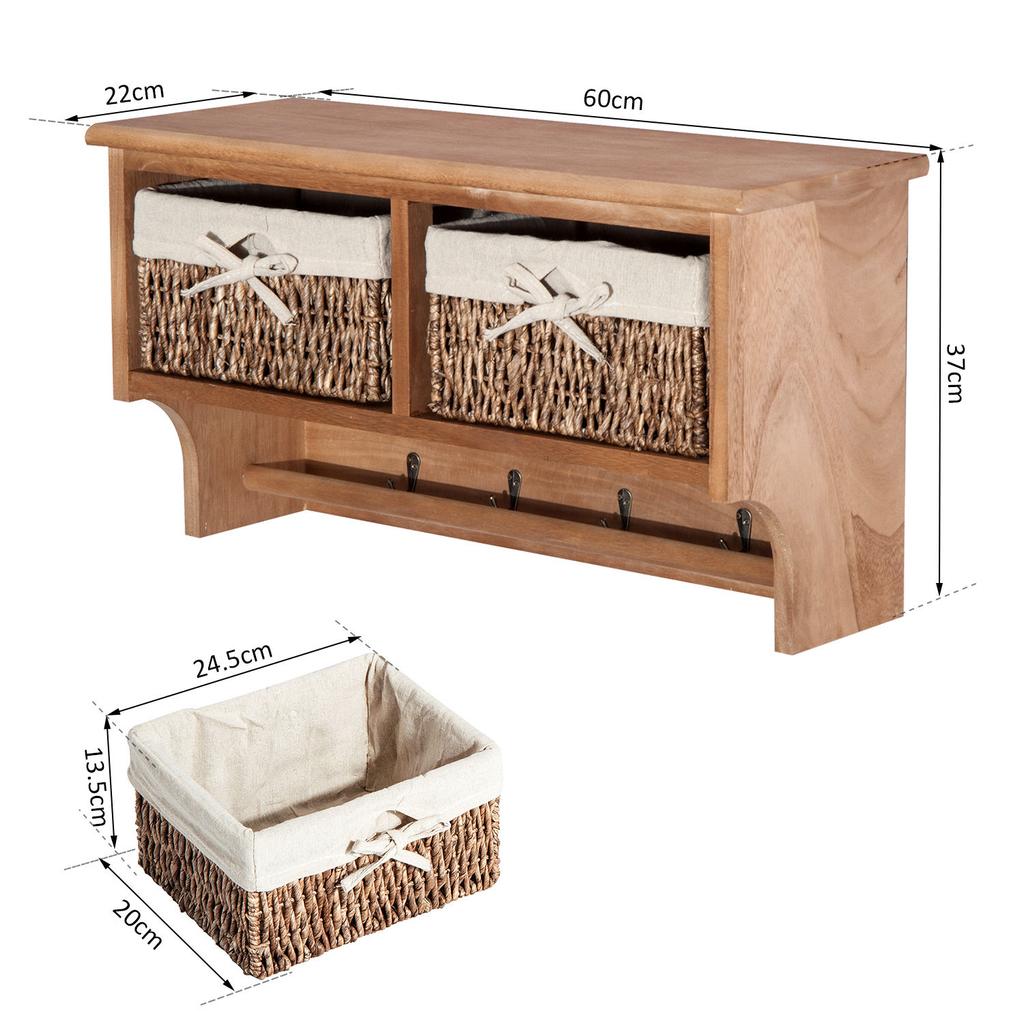 Entryway Coat Rack Wall Mounted Shelf w/ 2 Corn Husk Baskets and Hooks, Brown