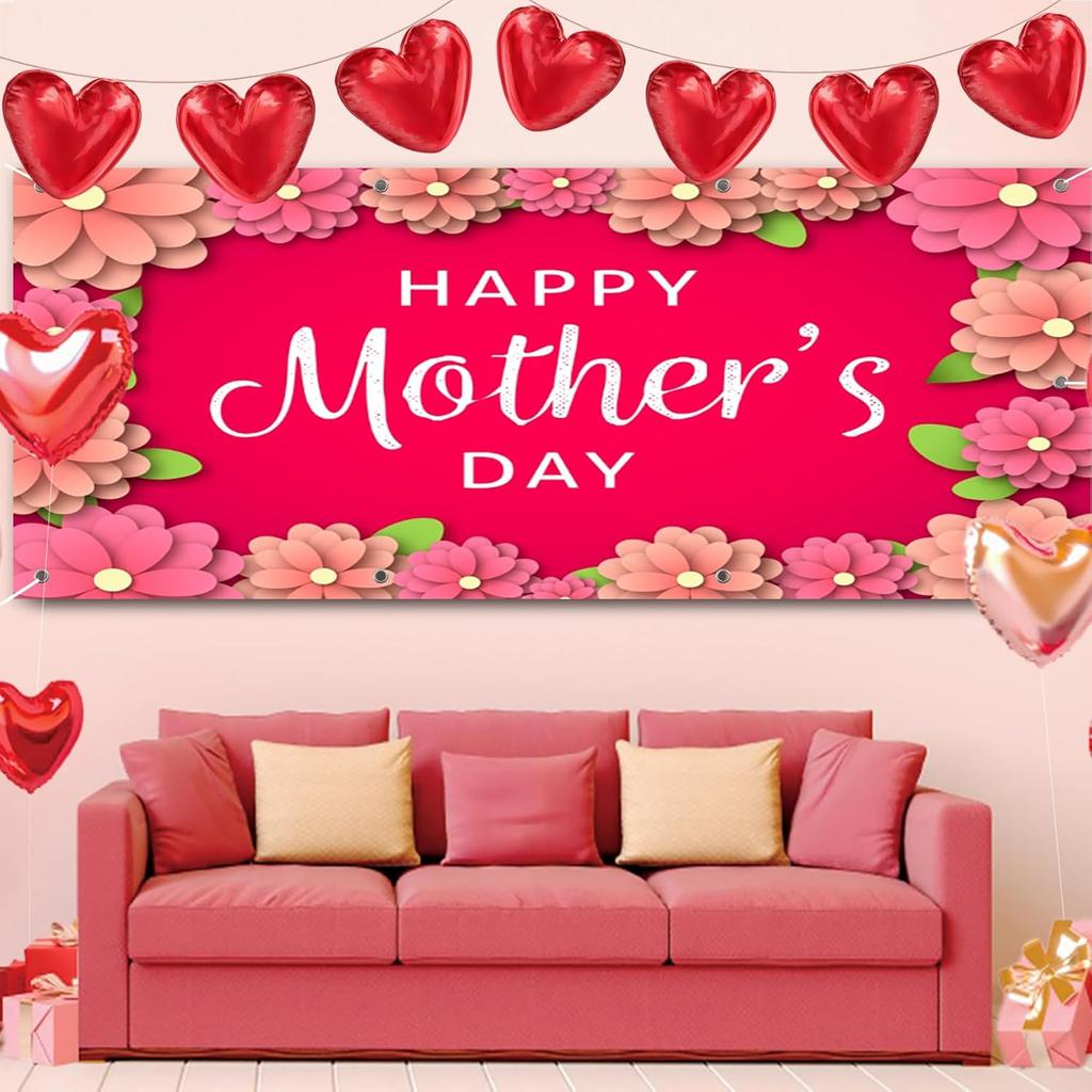 CSFOTO 7x16ft Happy Mother's Day Garage Door Decorative Banner Floral Wall Pink Background Large Garage Door Cover Outdoor Indoor Mother's Day Party