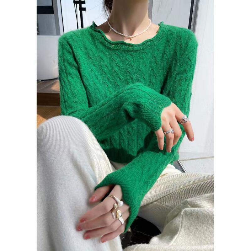 Round Neck Pullover Long Sleeve Sweater Knitted Autumn Winter Women's Clothing Solid Color Screw Thread Office Lady Tops
