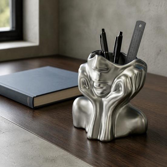 Artistic Desktop Storage Abstract Face Vase, Female Pen Holder, Makeup Brush Modern Vinyl Cup Decorative Vase Centerpiece for Living Room Table Shelf