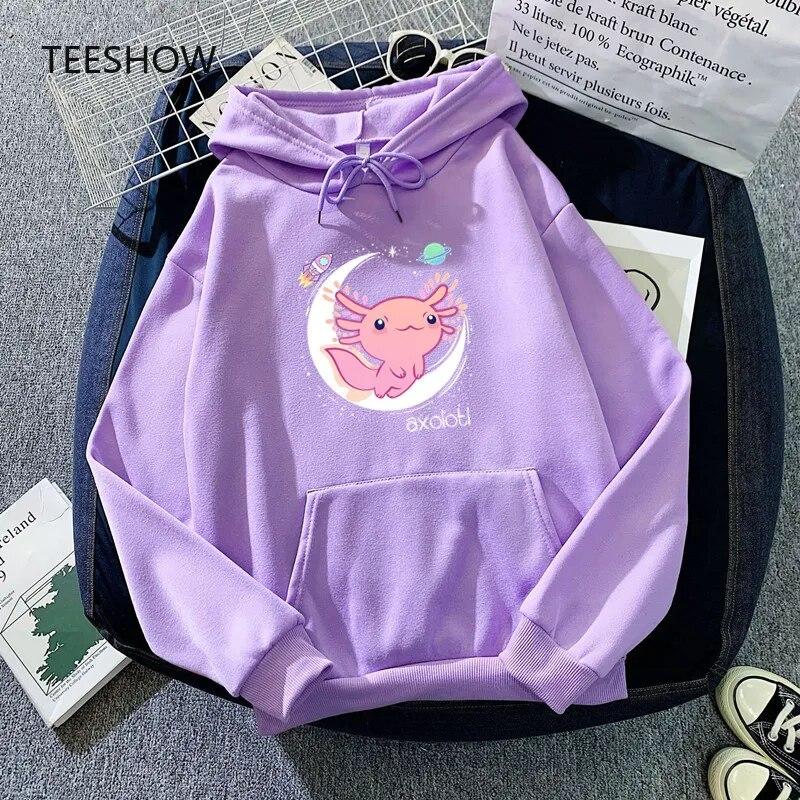 Space Axolotl Kawaii Hoodies Pastel Goth Japan Anime Comic WoUnisex Hoody Hooded Sweatshirt Fleece Warm Streetwear Unisex Clothes