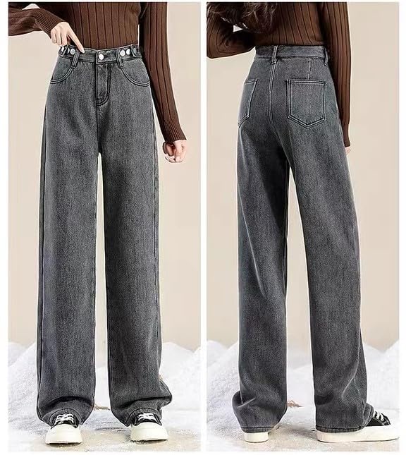 Bobo Hanhan Denim Pants with Fleece Adjustable and Perfect for Fall and Winter & Women's Wide-Leg Lining, Waist, High-Waisted Pants, Leg-Shaping,
